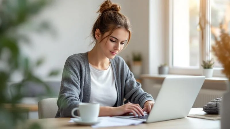 Frau sitzt am Schreibtisch in einer Magdeburger Wohnung und fuellt Formulare am Laptop aus