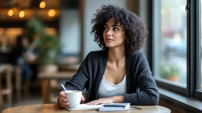 Frau mit Notizen sitzt konzentriert an einem Tisch und plant ihre Fortbildung