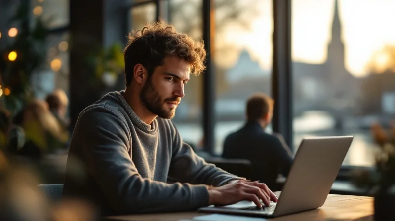 Magdeburger Angestellter im Coworking-Space in der Altstadt mit Laptop, im Hintergrund Elbe und Dom-Silhouette