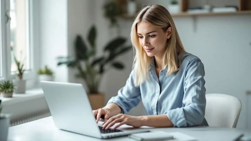Frau arbeitet an einem Laptop in einem hellen Homeoffice in Magdeburg