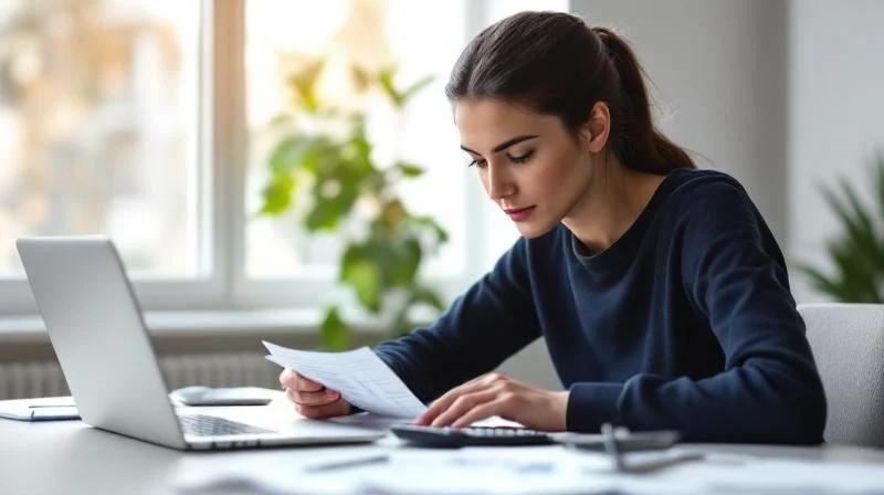 Frau rechnet am Schreibtisch Foerdermoeglichkeiten fuer eine Weiterbildung in Magdeburg durch