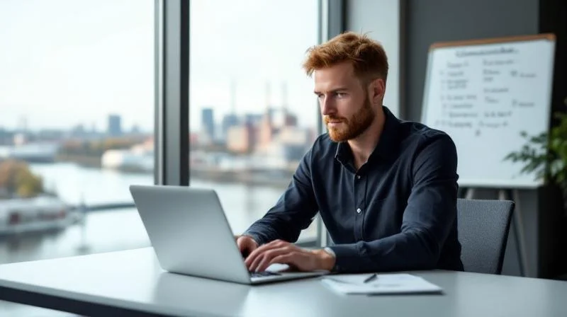 Magdeburger Quereinsteiger arbeitet konzentriert an einem Laptop in einem hellen Büro
