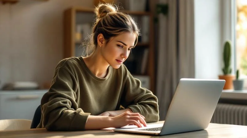 Frau lernt konzentriert am Laptop in einem hellen Raum in Magdeburg